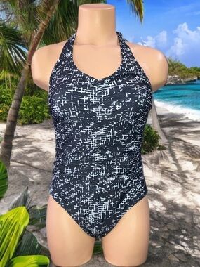 NOON SWIM Black White Geo Ruched Front Halter 1 Piece Monokini Swimsuit Sz 8 NWT